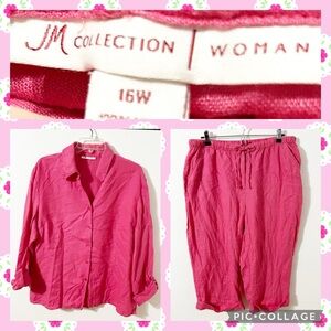 JM Collection 100% Linen Set Capris Pants Button Front Blouse Pointed Collar 🩷